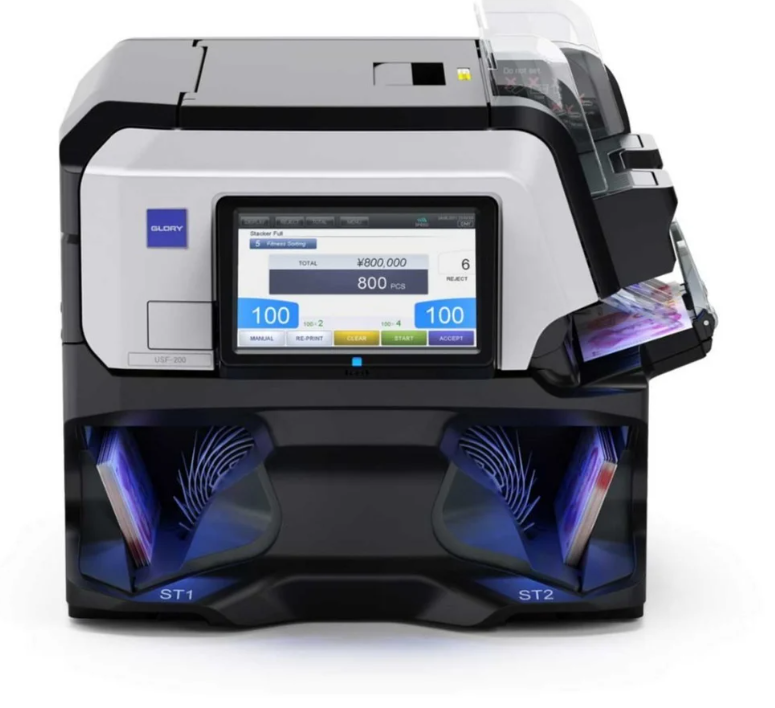 Máy đếm tiền GLORY GFS-220F-C sở hữu thiết kế độc lạ và sang trọng,công nghệ kiểm giả thế hệ mới.